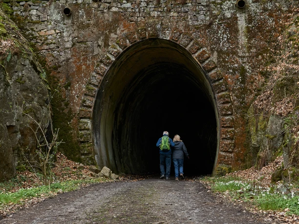 Voormalige tunnel van de Schwarzbachtalbahn Twee mensen lopen een donkere, met mos bedekte stenen tunnel in; de omgeving is bosrijk en herfstachtig.