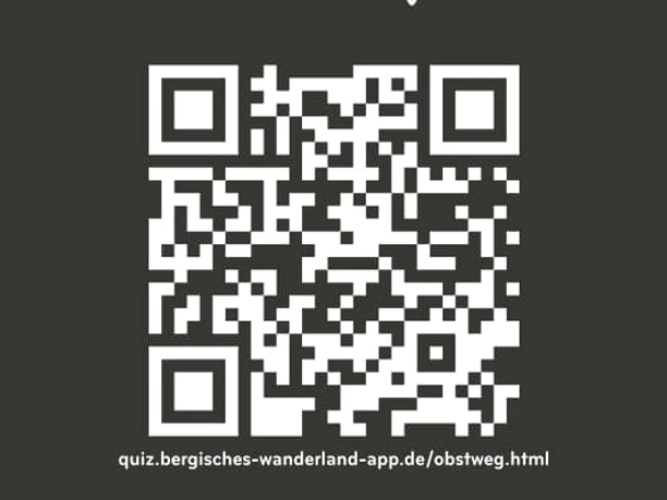Streifzug-Quiz Obstweg Ein QR-Code auf grauem Hintergrund mit der Aufschrift "10 Jahre Das Bergische Wanderland".