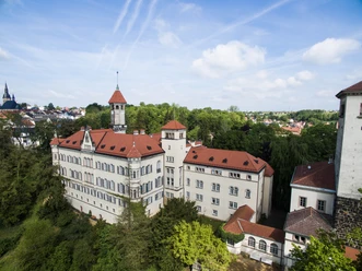 Schloss Waldenburg(c) Oliver Göhler.jpg Historisches Schloss mit roten Dächern, umgeben von grünen Bäumen und weiter Landschaft.