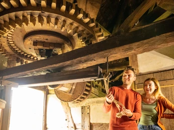 Rahden-Museumshof-Teutoburger-Wald-Tourismus-D-Ketz-011.jpg Ein Mann und eine Frau betrachten das hölzerne Getriebe in einer historischen Mühle mit Begeisterung.