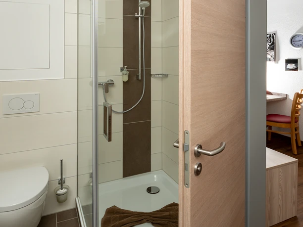 Eine moderne Dusche mit Glaswänden und eine Toilettenecke in einem hellen Badezimmer.