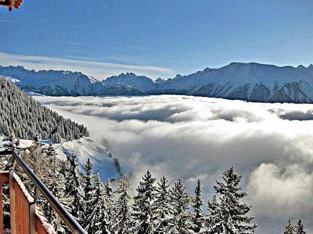 Eine beeindruckende Winterlandschaft mit schneebedeckten Bäumen und majestätischen Bergen im Hintergrund. Der Himmel ist klar, und über den Bergen schwebt eine dichte Wolkendecke.