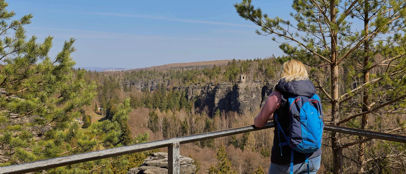Johanniswacht Bielatal Eine Person mit blauem Rucksack steht auf einem Aussichtspunkt und blickt auf eine bewaldete Felslandschaft unter klarem Himmel.