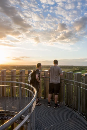 Bistumshöhe am Cospudener See im Neuseenland - Aussicht in der Region Leipzig Rückansicht von zwei Männern auf der Aussichtsplattform Bistumshöhe in der Region Leipzig, Neuseenland, Natur