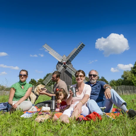A family sits together in summer in front of the Bockwindmühle in Bad Düben and has a picnic