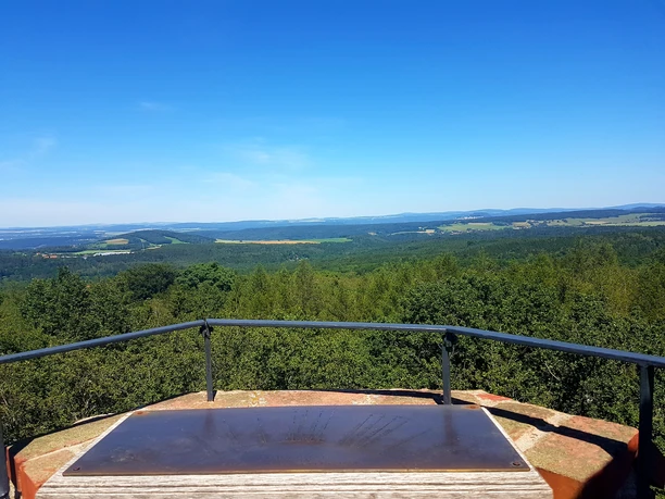 View from the Bismarck Tower over green forests and fields to the distant horizon under a blue sky.
