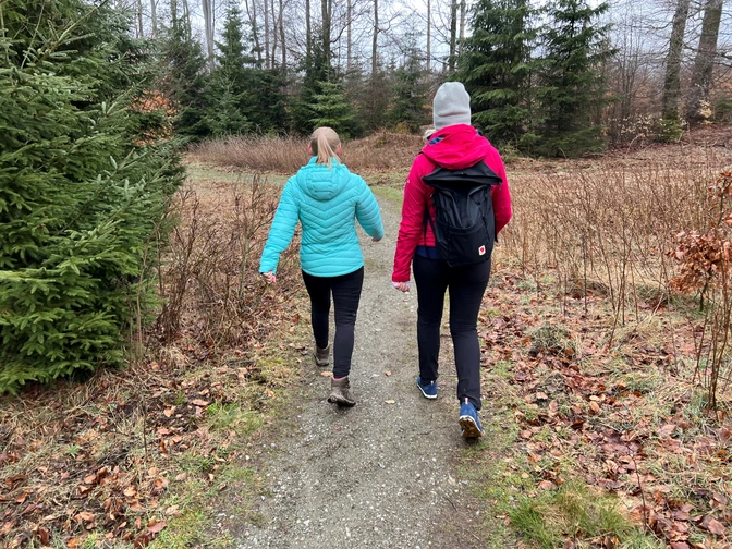 Wandern Zwei Personen wandern auf einem Waldpfad umgeben von Bäumen und Laub im allgemeinen Herbstambiente.