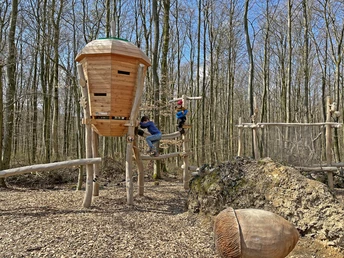 Auf der Familienvariante des Paderborner Höhenwegs Kinder klettern auf Holzelementen im Waldspielplatz, umgeben von Bäumen und Herbstlaub.