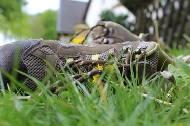 Een paar bruine wandelschoenen ligt in het gras, omringd door bloemen, met bomen op de achtergrond.