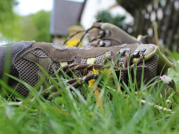 Een paar bruine wandelschoenen ligt in het gras, omringd door bloemen, met bomen op de achtergrond.