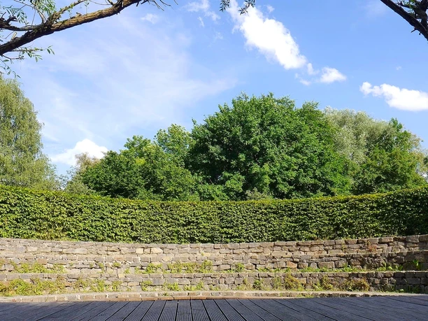 grünes Klassenzimmer am Umweltzentrum Heerser Mühle Steinernes Amphitheater im Grünen mit Holzpodest, umgeben von Bäumen und Hecken, unter blauem Himmel.