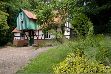 Stadt Petershagen_Döhren_Wassermühle_Vorderansicht_Frühjahr.jpg Fachwerk-Wassermühle in grüner Umgebung, vorne Pflanzen; Frühjahr, Peterhagen-Döhren.