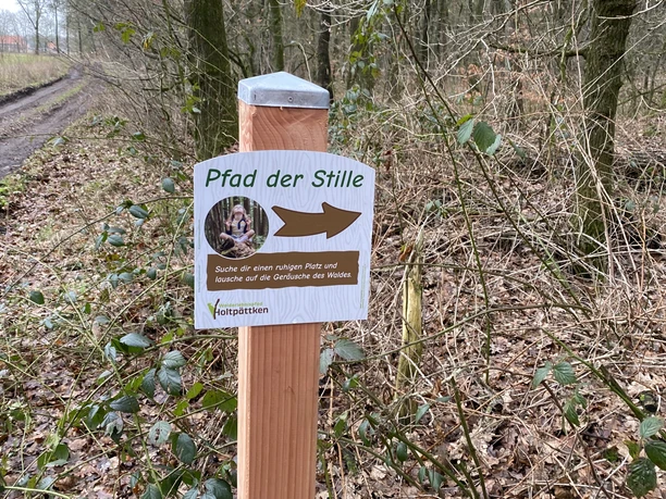 Frerener Holtpättken ©Emsland Tourismus GmbH Holzpfosten mit Wegweiser „Pfad der Stille“ am Waldrand, umgeben von Bäumen und trockenem Laub.