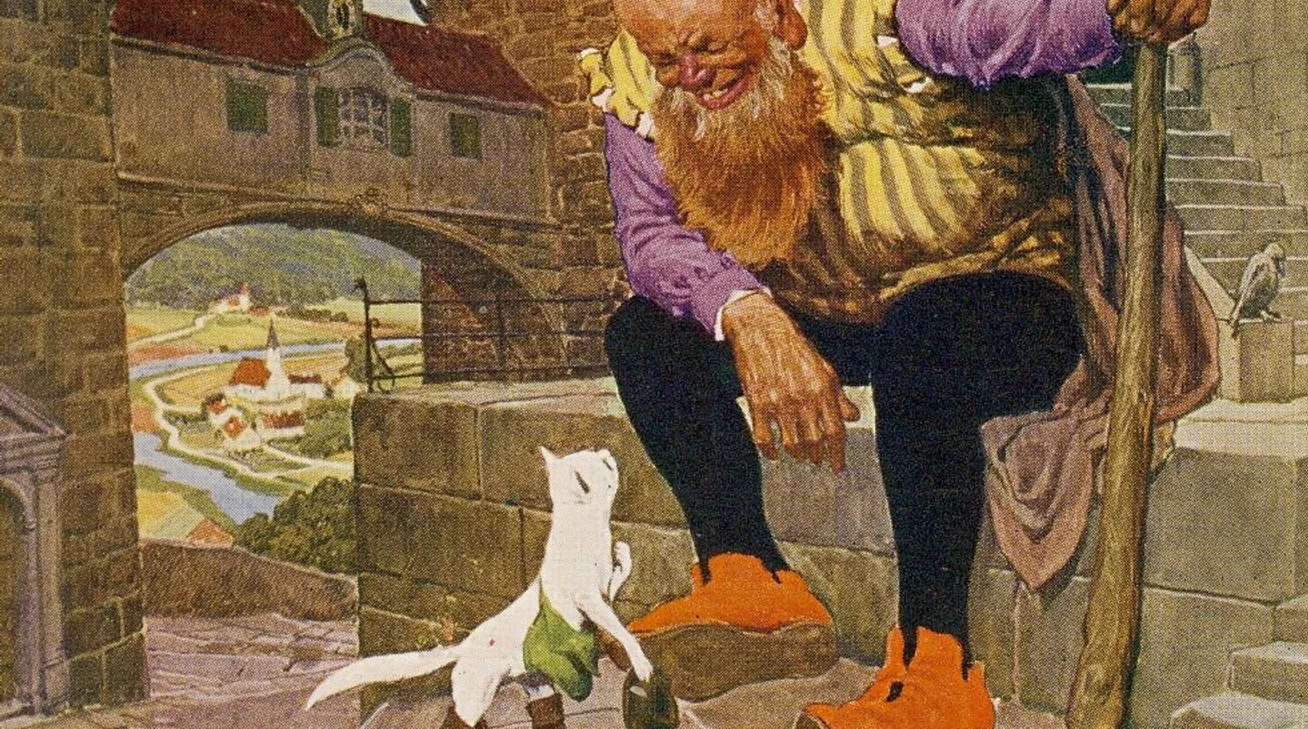 Der gestiefelte Kater.jpg Ein weißer Kater mit Stiefeln spricht mit einem großen Mann, der einen Stock in der Hand hält.