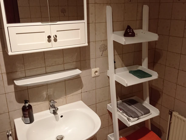 IMG_20230118_154738.jpg Ein schlichtes Badezimmer mit weißem Waschbecken, Wandregal und Handtüchern auf Fliesenboden.