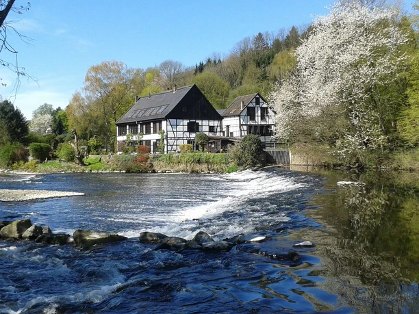 Wipperkotten Fachwerkhaus am Ufer eines klaren Flusses, umgeben von blühenden Bäumen und üppigem Grün.