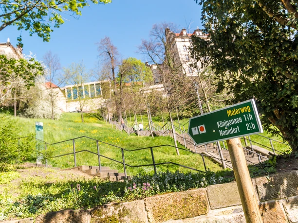 Terrassengärten Schloss Pirna Grünes Schild mit der Aufschrift "Malerweg" zeigt Wanderzeiten an, im Hintergrund eine Treppe und ein historisches Gebäude bei sonnigem Wetter.