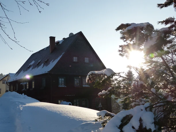 Waldarbeiterstube Hinterhermsdorf Schneebedecktes Haus, Sonne scheint hinter einem Baum.