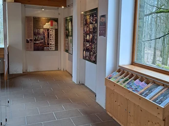 Infomaterial im Erdgeschoss der Infostelle Eishaus Ein Ausstellungsraum mit Informationstafeln über Wälder, einem Holztisch mit Broschüren und einem großen Fenster mit Blick auf den Wald.