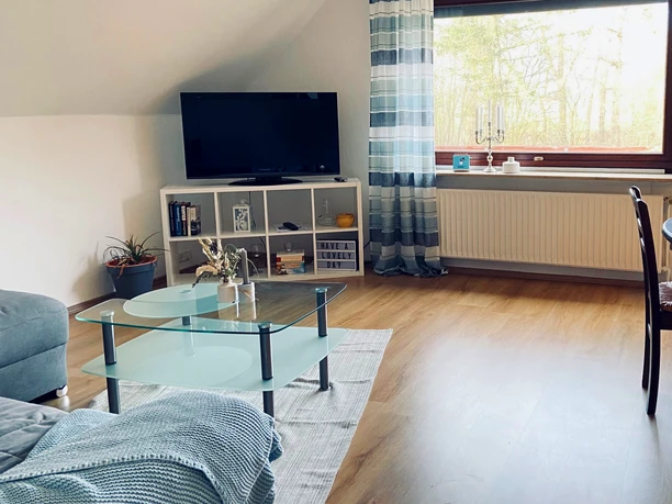 Woonkamer met toegang tot het dakterras van de vakantiewoning Neuendamm