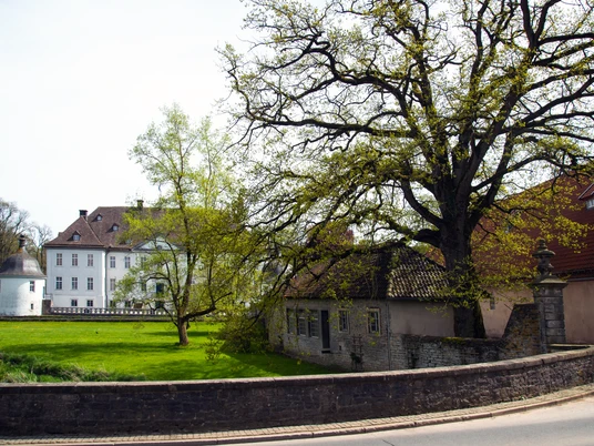 Vinsebeck_Schloss_2437_RHa.jpg Ein historisches Schloss mit weißen Fassaden neben einem alten Baum und einer umgebenden Steinmauer.