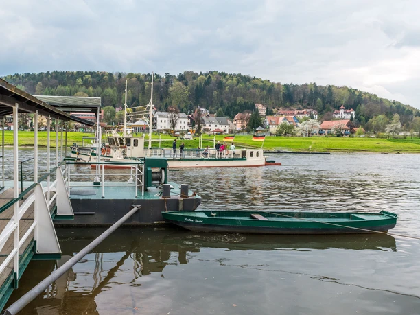 Fähre Kurort Rathen Fähre auf einem Fluss mit grüner Landschaft und Häusern im Hintergrund, bewölkter Himmel, ruhige Atmosphäre.