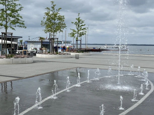 Wasserspiele mit Fontänen auf einer Terrasse am Wasser, umgeben von Bäumen und grauem Himmel.