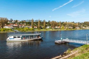 A white passenger ship sails on a river, green trees and colorful houses can be seen in the background under a clear blue sky.