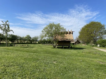 Speicher am Eisenzeithaus in Ostercappeln Grünes Feld mit Strohdachhütte und Bäumen unter blauem Himmel im Freien.
