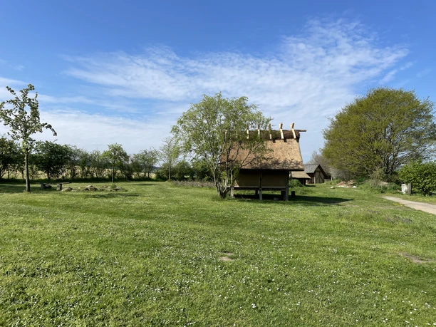 Speicher am Eisenzeithaus in Ostercappeln Grünes Feld mit Strohdachhütte und Bäumen unter blauem Himmel im Freien.