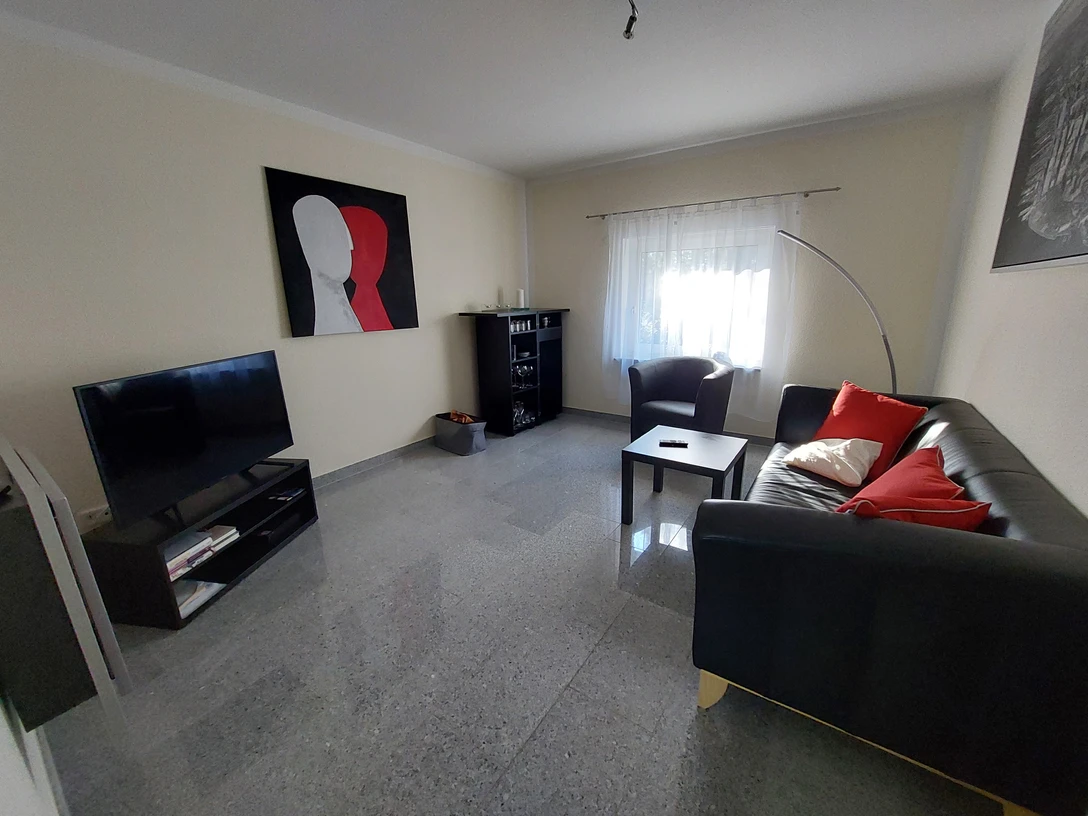 Ferienwohnung_am_Fahrenstau.jpg Helles Wohnzimmer mit Ledersofa, Flachbildfernseher, Couchtisch und modernem Kunstbild an der Wand.