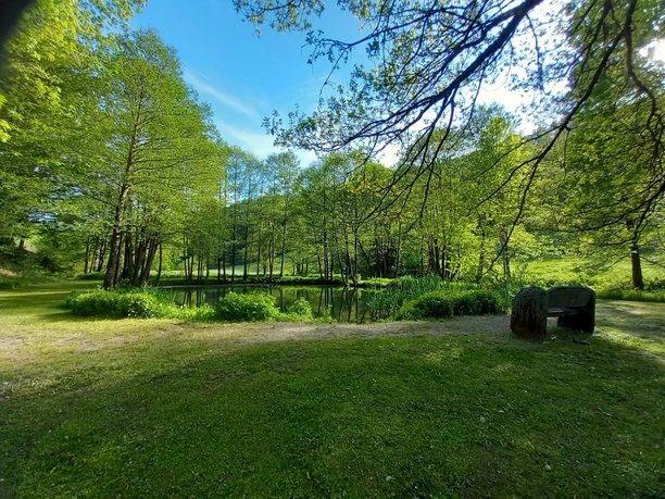 Teich mit Sitzbank an der Grillstation Schwalefeld