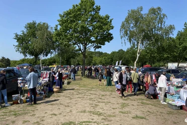 Trödelmarkt in Mardorf, Besucher stöbern zwischen Verkaufsständen im Freien, umgeben von Bäumen.