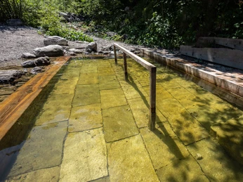 Kneippbecken Farchant Wasserbecken mit Stange zum Einhalten im Hintergrund Büsche