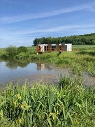 Tiny-Teich-Haus_Beatrix_Boekstegers_Titelbild.jpg Kleines Holzhaus am Teich, umgeben von grünen Wiesen und dichtem Wald unter blauem Himmel.