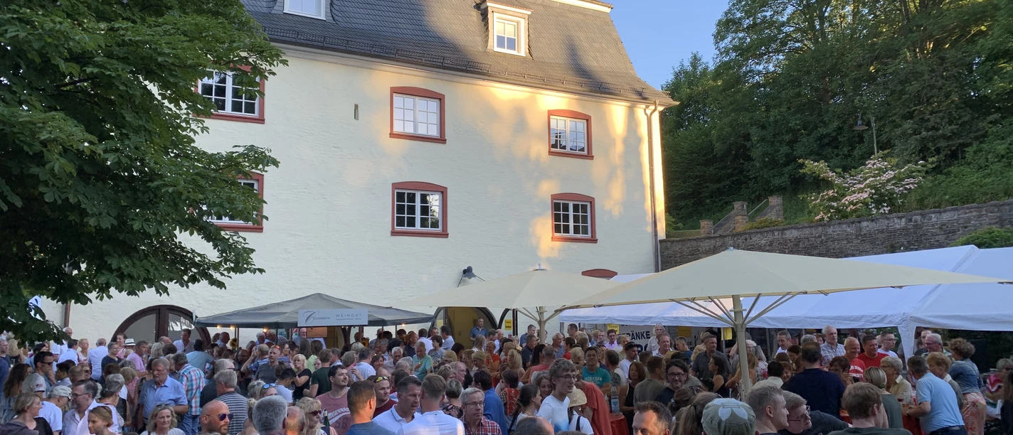 Wein- und Musikfest Menschenmenge feiert ausgelassen im Freien vor einem historischen Gebäude mit gelber Fassade.