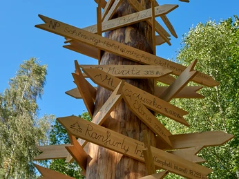 Bosbeleveniscentrum Leupoldishain Holzpfosten mit zahlreichen Wegweisern in verschiedene Richtungen, umgeben von Bäumen unter klarem, blauem Himmel.Wooden posts with numerous signposts pointing in different directions, surrounded by trees under a clear blue sky.Dřevěné sloupky s mnoha směrovkami ukazujícími do různých směrů, obklopené stromy pod jasně modrou oblohou.Drewniane słupy z licznymi drogowskazami wskazującymi różne kierunki, otoczone drzewami pod czystym, błękitnym niebem.Houten palen met talloze wegwijzers die in verschillende richtingen wijzen, omringd door bomen onder een strakblauwe hemel.Pali di legno con numerosi cartelli che indicano diverse direzioni, circondati da alberi sotto un cielo azzurro e limpido.