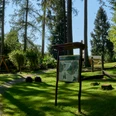 Walderlebniszentrum Leupoldishain Waldspielplatz mit Infotafel, Klettergerüst und Schaukel, umgeben von hohen Bäumen und grünem Gras bei sonnigem Wetter.
