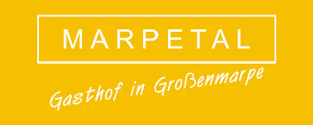 Gelbes Schild mit weißem Text "Marpetal Gasthof in Großenmarpe" ohne weitere Abbildungen.