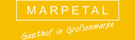 Gelbes Schild mit weißem Text "Marpetal Gasthof in Großenmarpe" ohne weitere Abbildungen.