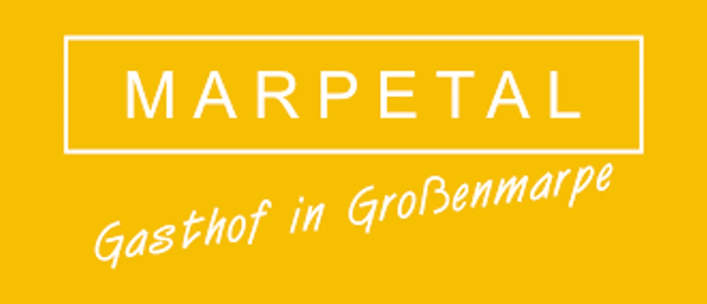 Marpetal Gasthof Gelbes Schild mit weißem Text "Marpetal Gasthof in Großenmarpe" ohne weitere Abbildungen.