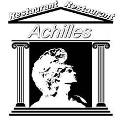 Logo des Restaurant Achilles mit antiker Säule, griechischem Schriftzug und Profil einer Statue.