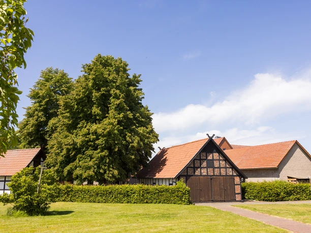 Alte Scheune & historische Schmiede Holzhausen II. Historische Fachwerkscheune in Holzhausen, umgeben von Bäumen und gepflegten Grünflächen.
