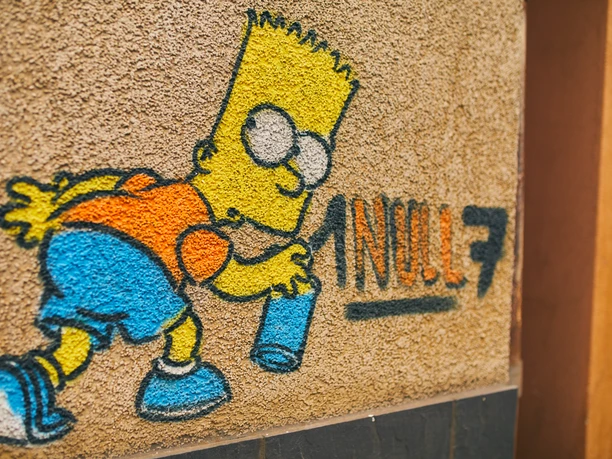 Quartier Bochumer Straße, Gelsenkirchen Graffiti von Bart Simpson mit Spraydose an einer Wand im Quartier Bochumer Str., Gelsenkirchen-Ückendorf.