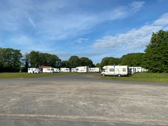 Festwiese Nienburg Mehrere Wohnmobile parken auf einem großen Parkplatz im Grünen, umgeben von dichtem Baumbestand.