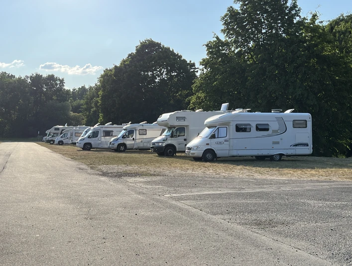 Festwiese Nienburg Wohnmobile stehen nebeneinander auf einer sonnigen Wiese, umgeben von Bäumen und blauem Himmel.