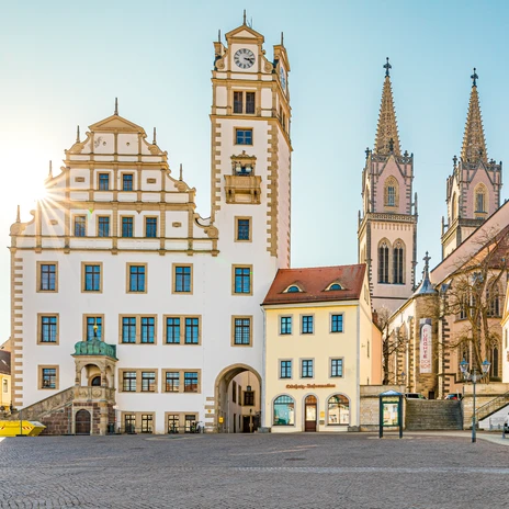 Vue sur le Neumarkt à Oschatz avec l'hôtel de ville et en arrière-plan l'église St.Egidien à deux tours sous le soleil, excursion, Leipzig Région