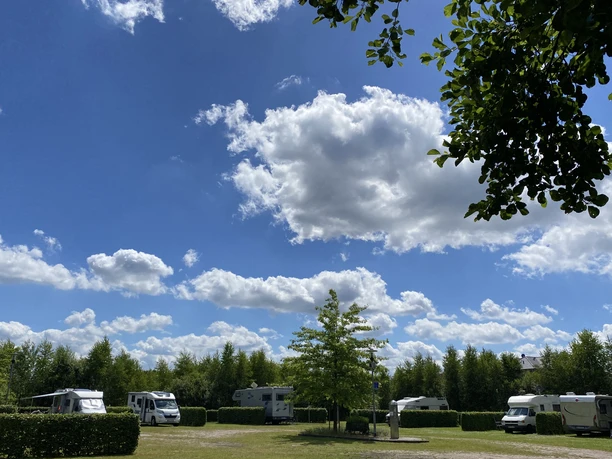 Wohnmobilestellplatz Wohnmobile auf grünen Rasenstellplätzen mit Hecken, umgeben von Bäumen unter blauem Himmel.
