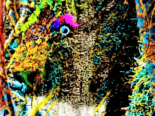 Ein Baumstamm, mit leuchtend grüner Farbe und bunten Elementen dekoriert, versteckt sich im dichten Gestrüpp.