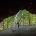 Diebskeller Diebshöhle Eine Person mit Rucksack steht am Eingang einer dunklen Höhle, umgeben von einem grünen Wald bei Tageslicht.A person with a rucksack stands at the entrance to a dark cave, surrounded by a green forest in daylight.Osoba s batohem stojí u vchodu do temné jeskyně obklopené zeleným lesem za denního světla.Osoba z plecakiem stoi przy wejściu do ciemnej jaskini, otoczonej zielonym lasem w świetle dziennym.Een persoon met een rugzak staat bij de ingang van een donkere grot, omgeven door een groen bos bij daglicht.Una persona con uno zaino si trova all'ingresso di una grotta buia, circondata da una foresta verde alla luce del giorno.